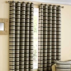 Charcoal And Beige 'Horizon' Striped Ready Made Eyelet Curtain Pair