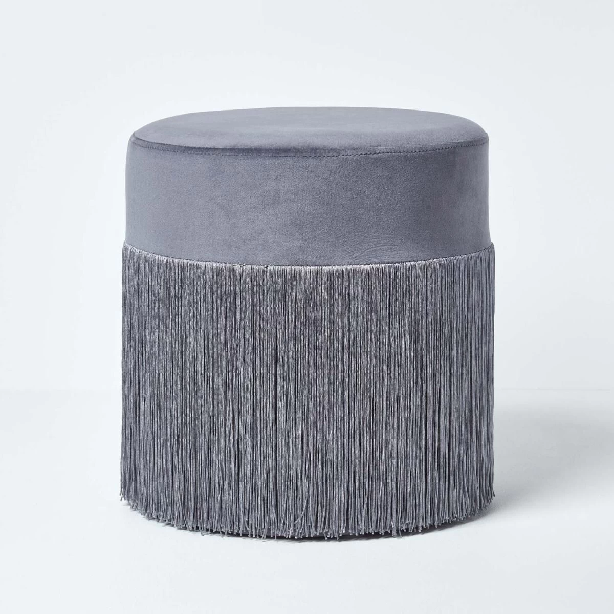 Buckingham Velvet Pouffe With Fringes, Grey