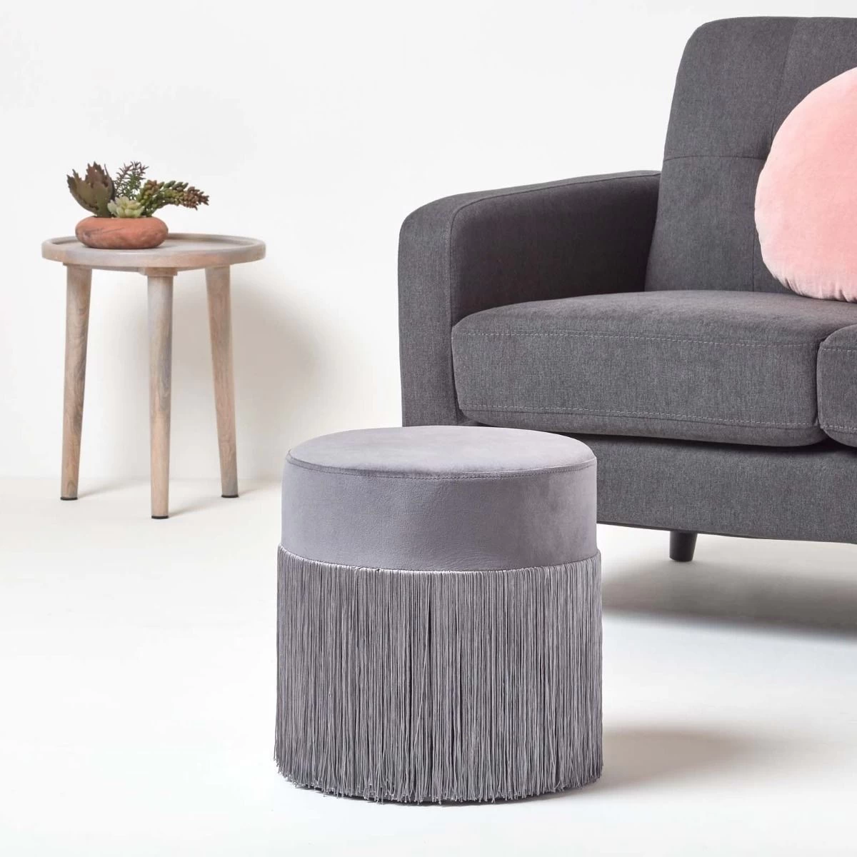 Buckingham Velvet Pouffe With Fringes, Grey - Image 2