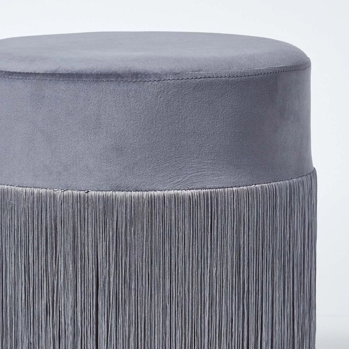 Buckingham Velvet Pouffe With Fringes, Grey - Image 4