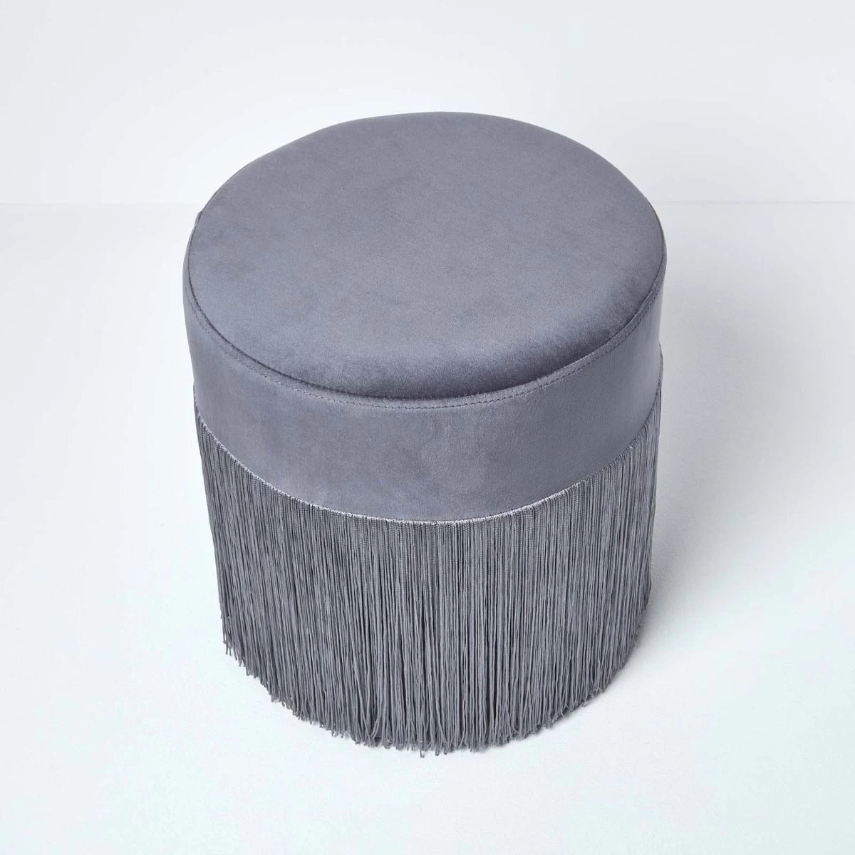 Buckingham Velvet Pouffe With Fringes, Grey - Image 5