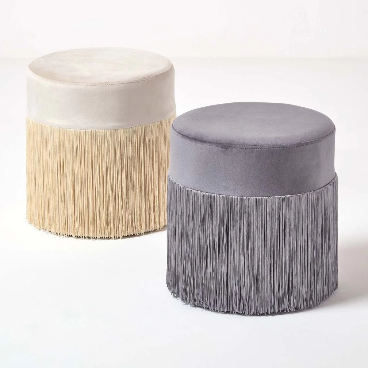 Buckingham Velvet Pouffe With Fringes, Grey - Image 6