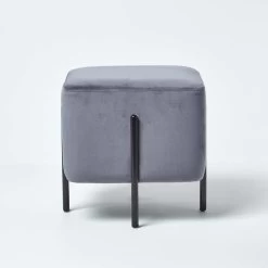Osborne Velvet Footstool Cube With Legs, Grey