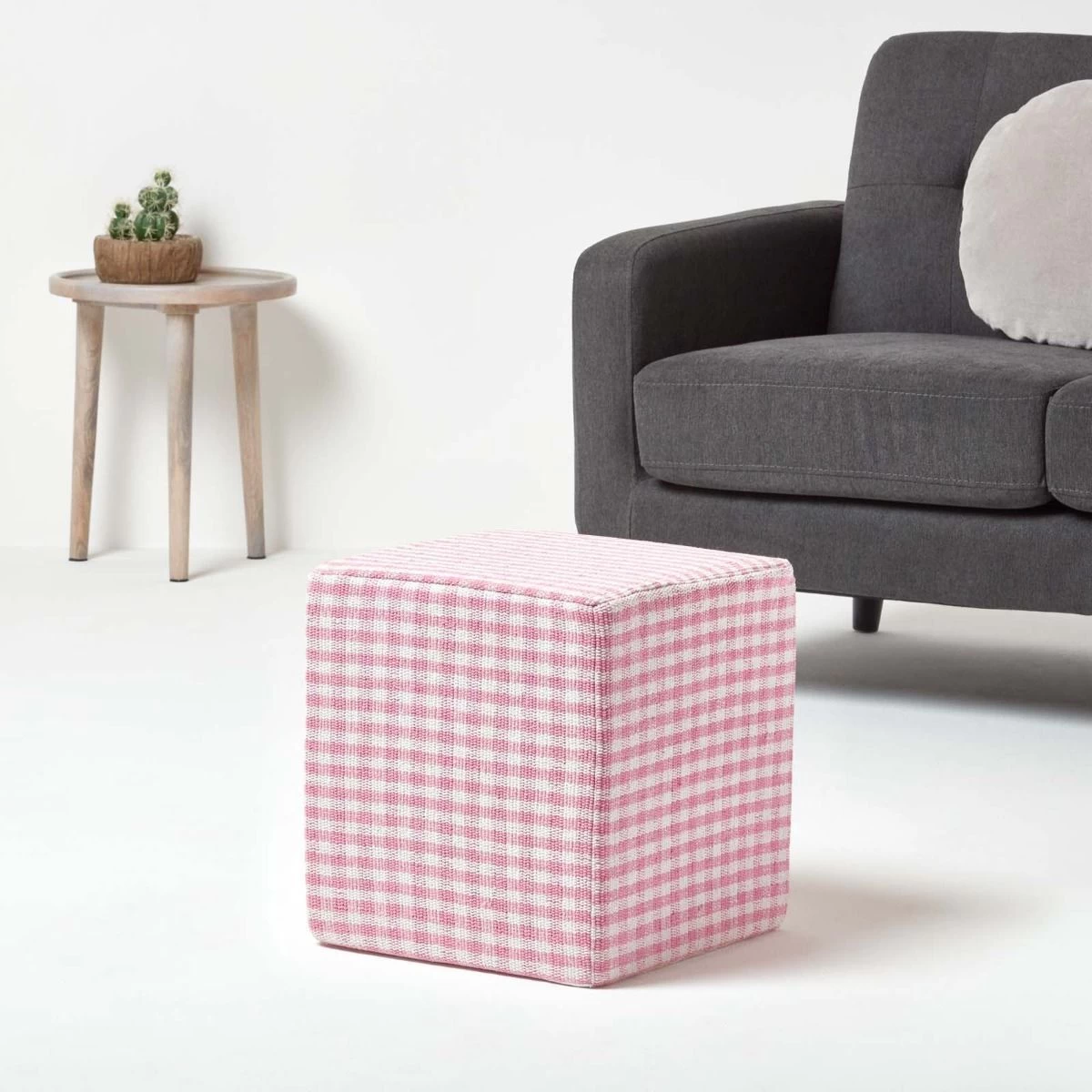 Pink Gingham Check Cotton Cube Pouffe 36 X 36 X 38 Cm - Image 2