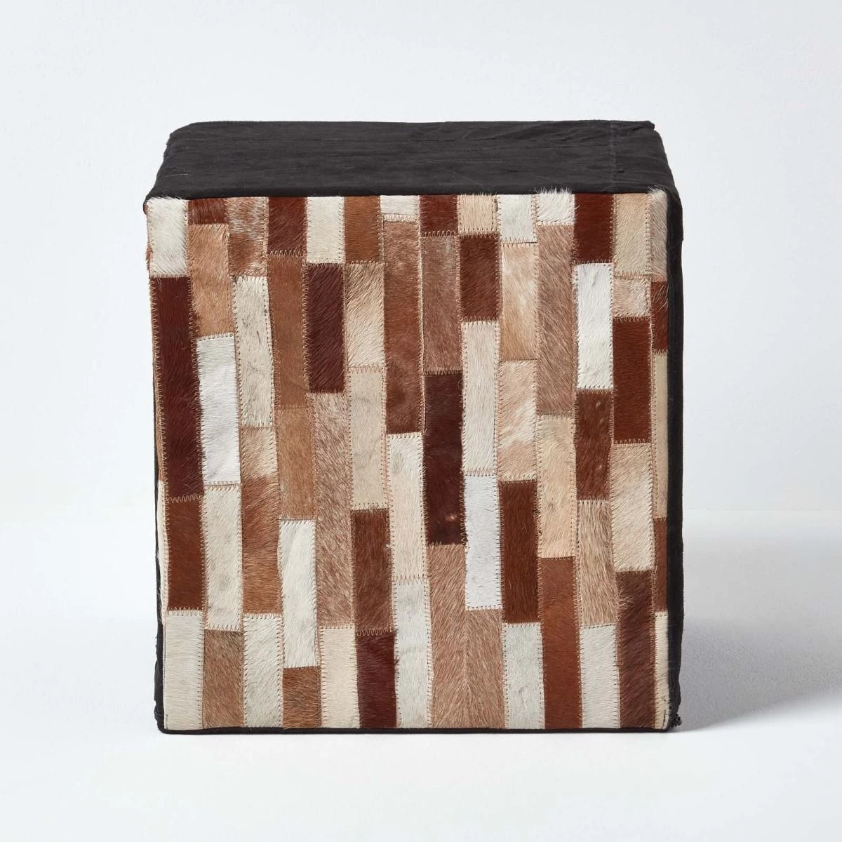 Brown And Black Patchwork Cube Pouffe Suede Leather 36 X 36 X 38 Cm