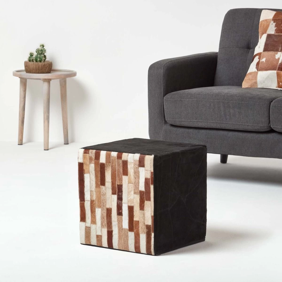 Brown And Black Patchwork Cube Pouffe Suede Leather 36 X 36 X 38 Cm - Image 2