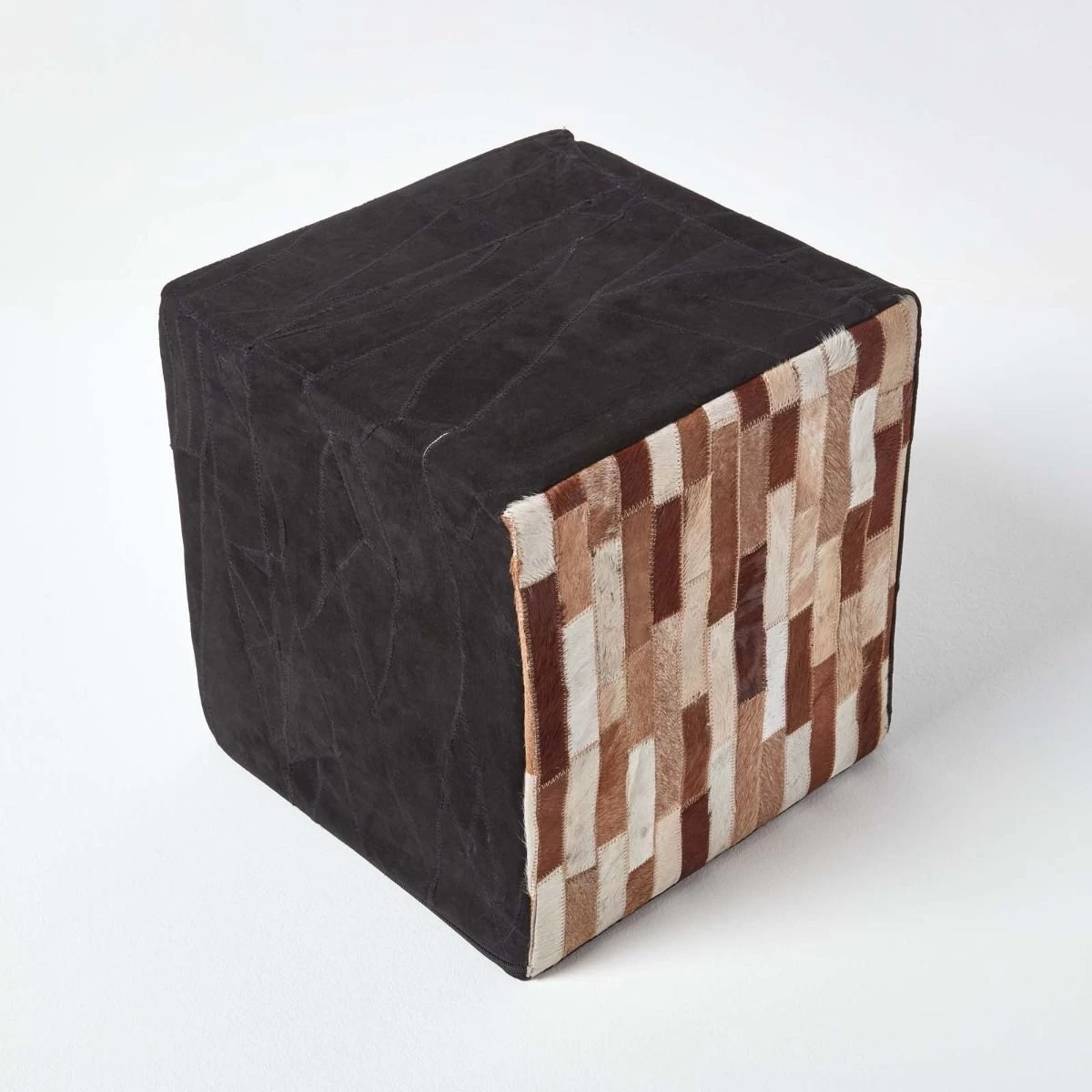 Brown And Black Patchwork Cube Pouffe Suede Leather 36 X 36 X 38 Cm - Image 3