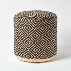 Black And Cream Aztec Style Jute Footstool Beanbag Round 45 X 40 Cm