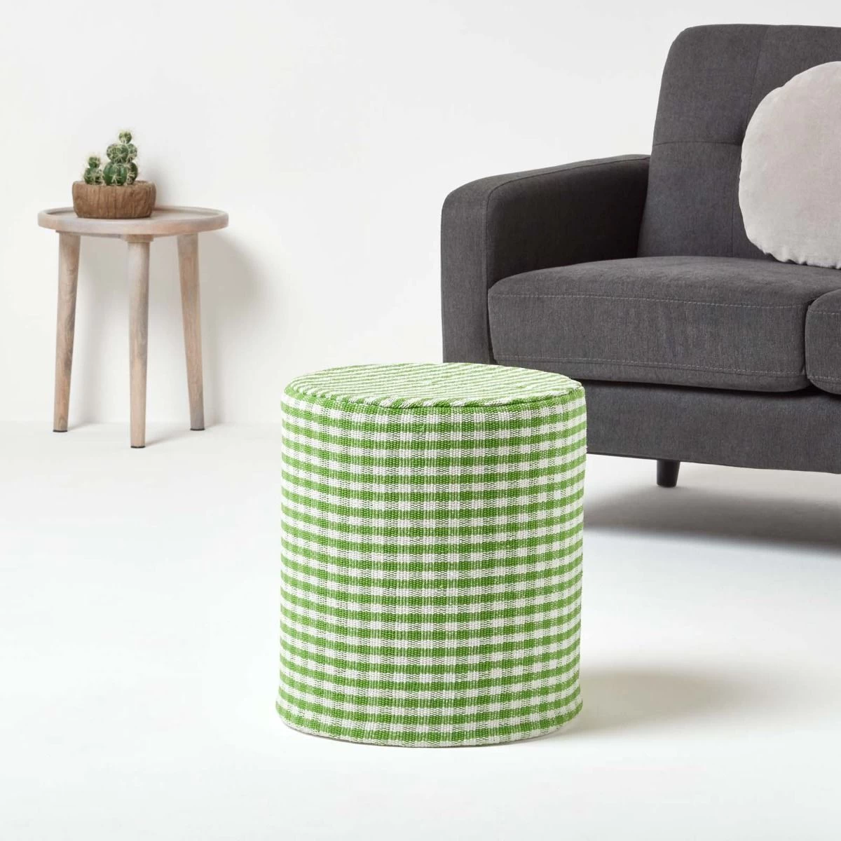 Green Gingham Check Round Pouffe Cotton 40 X 42 Cm - Image 2