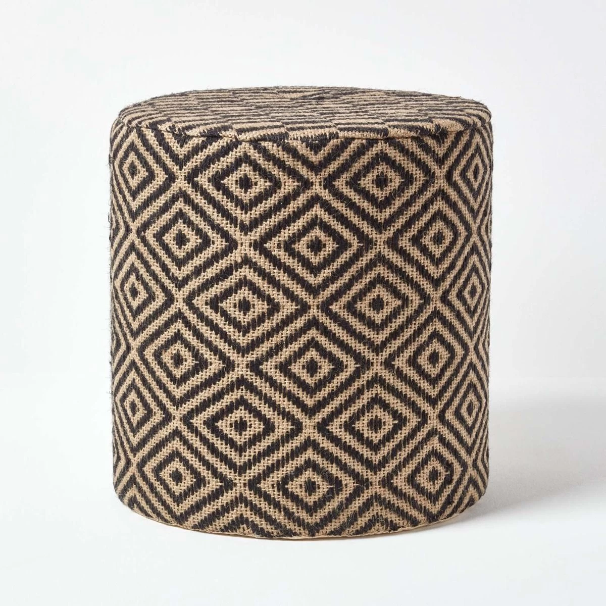 Jute Round Pouffe Black And Off-White Herringbone Pattern, 40 X 40 X 42 Cm