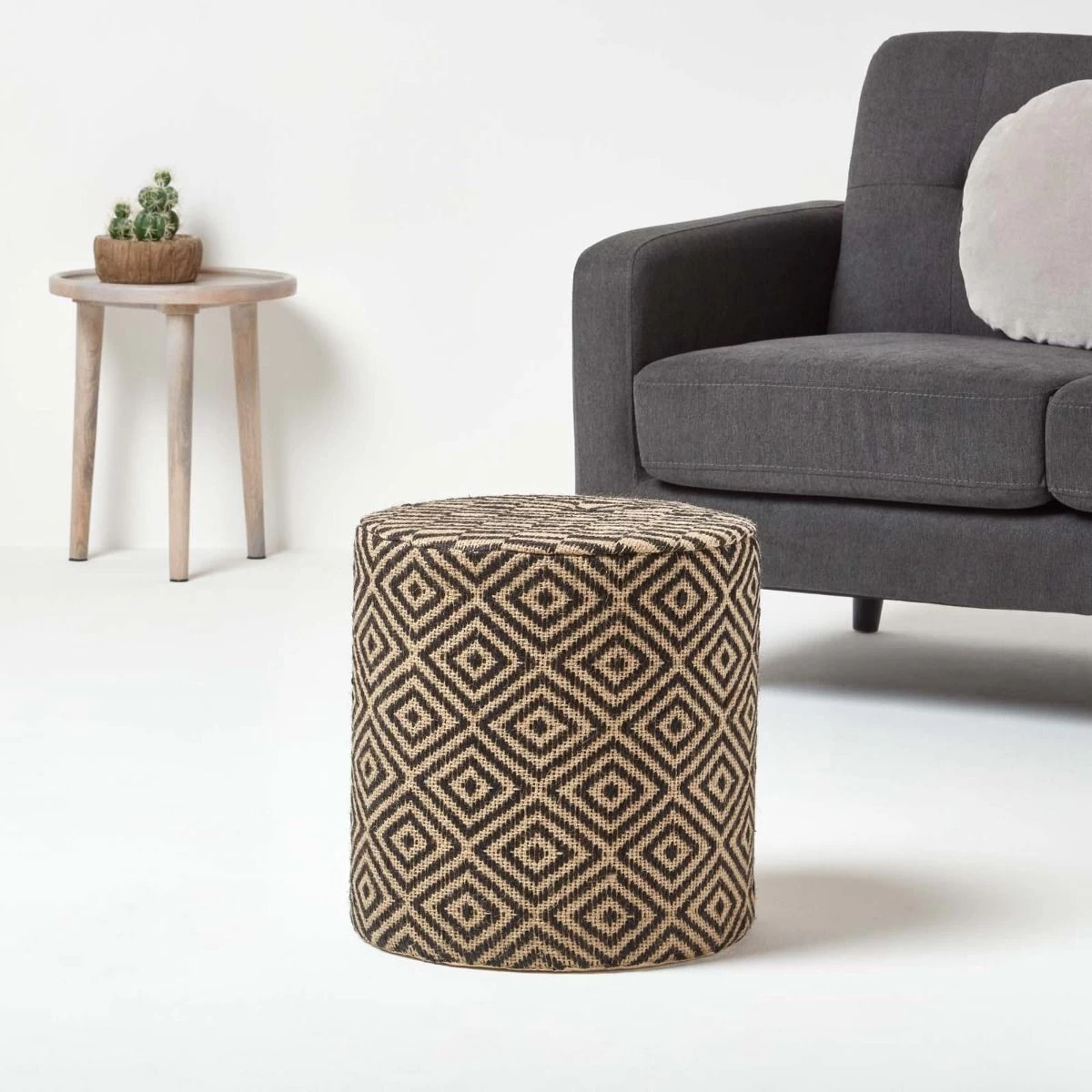 Jute Round Pouffe Black And Off-White Herringbone Pattern, 40 X 40 X 42 Cm - Image 2