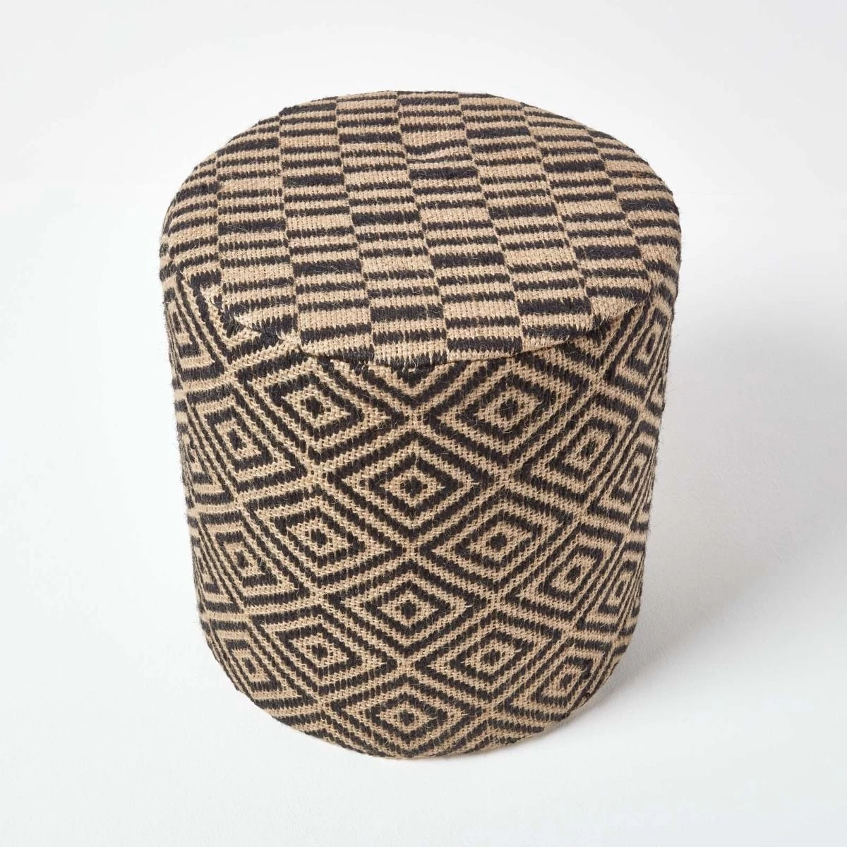Jute Round Pouffe Black And Off-White Herringbone Pattern, 40 X 40 X 42 Cm - Image 3