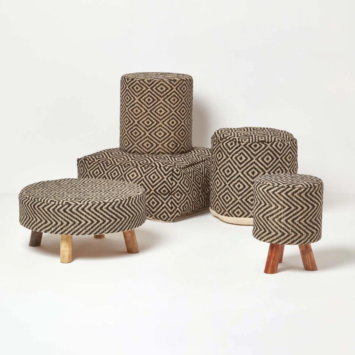 Jute Round Pouffe Black And Off-White Herringbone Pattern, 40 X 40 X 42 Cm - Image 5