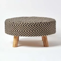 Black And Natural Circular Footstool With Diamond Pattern
