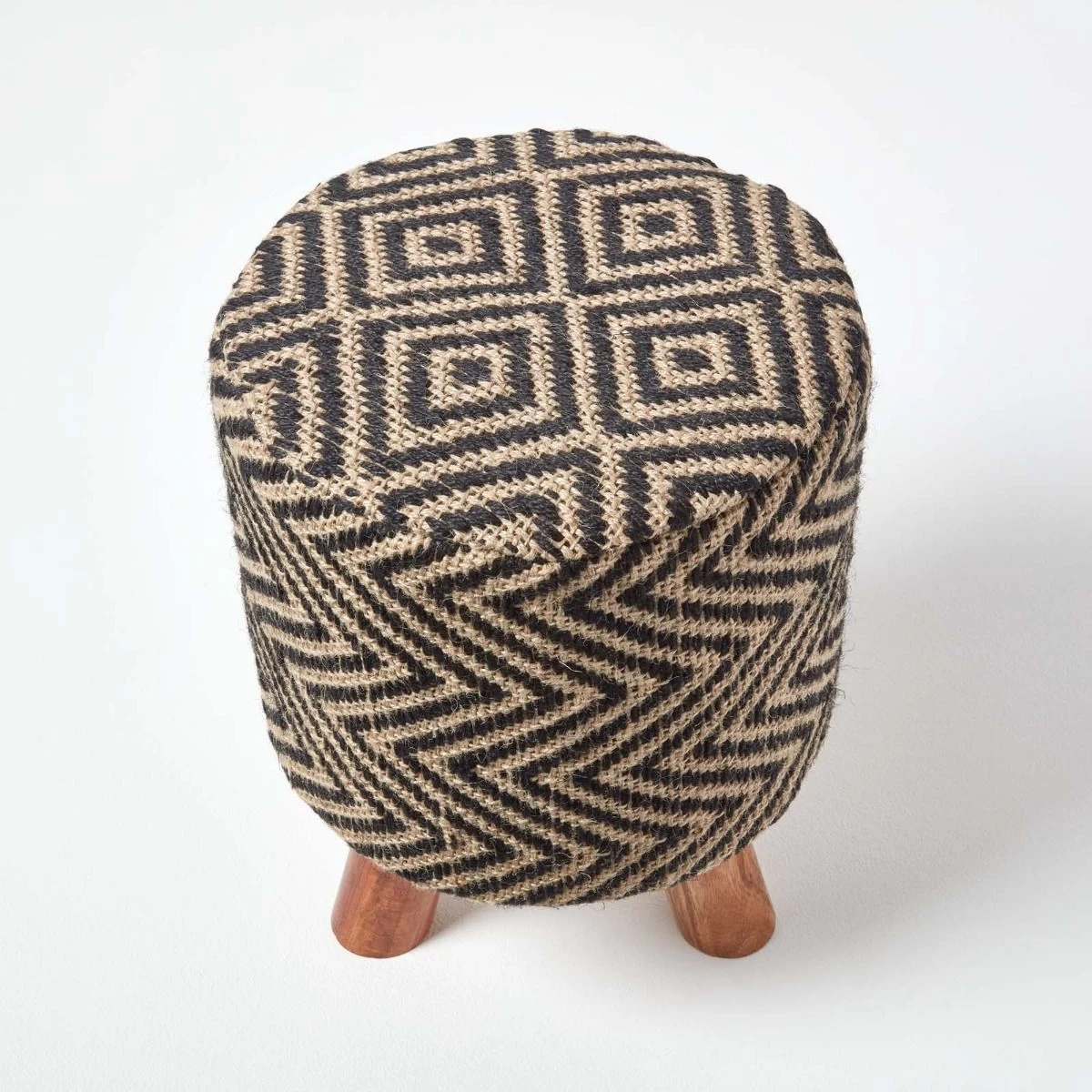 Modern Style Black And Natural Diamond Jute Footstool - Image 3
