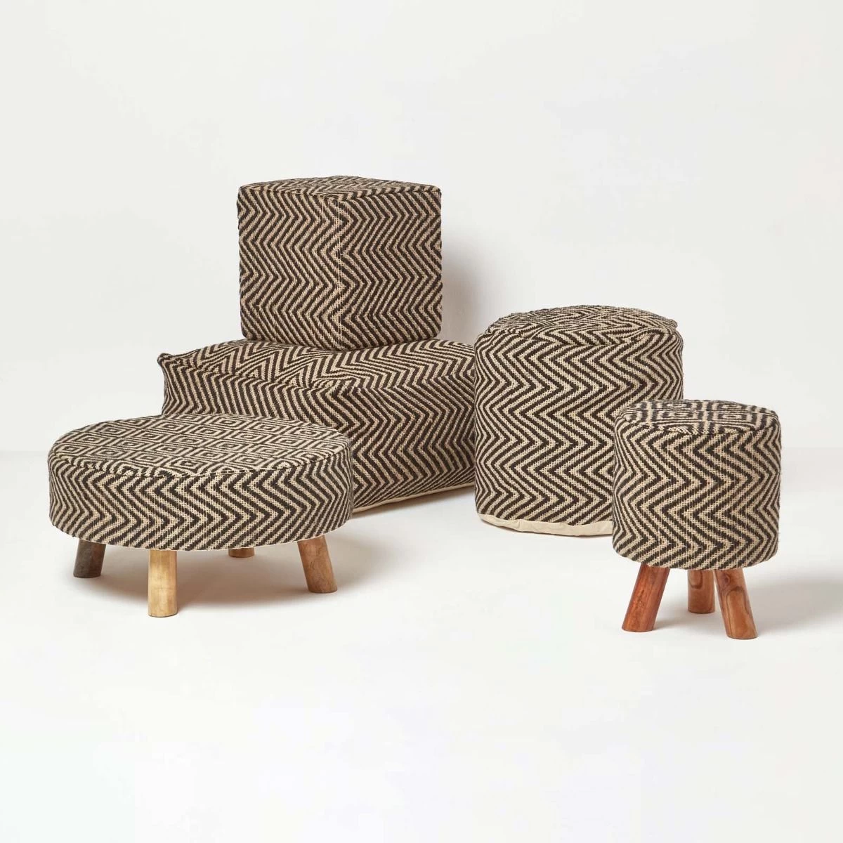 Modern Style Black And Natural Diamond Jute Footstool - Image 5