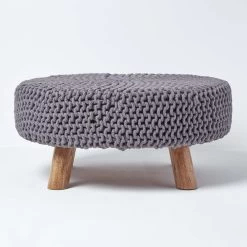 Sea Grey Large Round Cotton Knitted Footstool On Legs