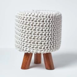 Natural Tall Cotton Knitted Footstool On Legs
