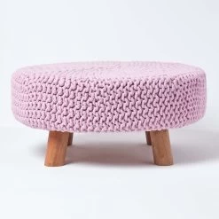 Pastel Pink Large Round Cotton Knitted Footstool On Legs