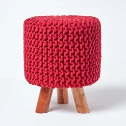 Red Tall Cotton Knitted Footstool On Legs