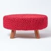 Red Round Cotton Knitted Footstool On Legs