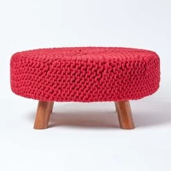 Red Round Cotton Knitted Footstool On Legs