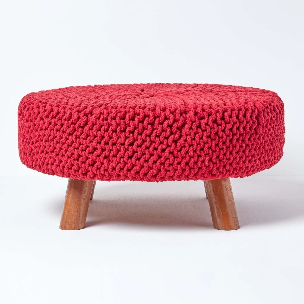 Red Round Cotton Knitted Footstool On Legs