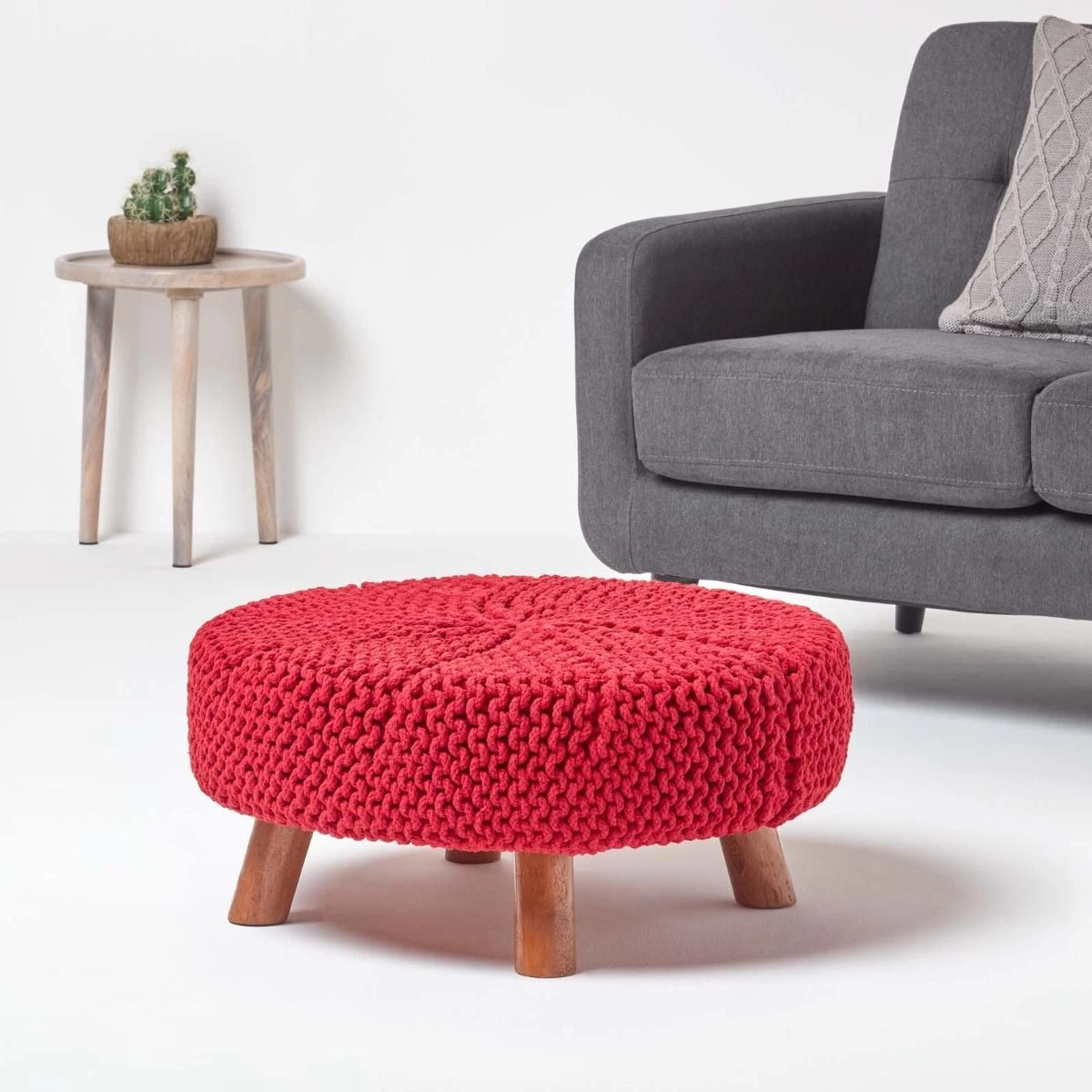 Red Round Cotton Knitted Footstool On Legs - Image 2