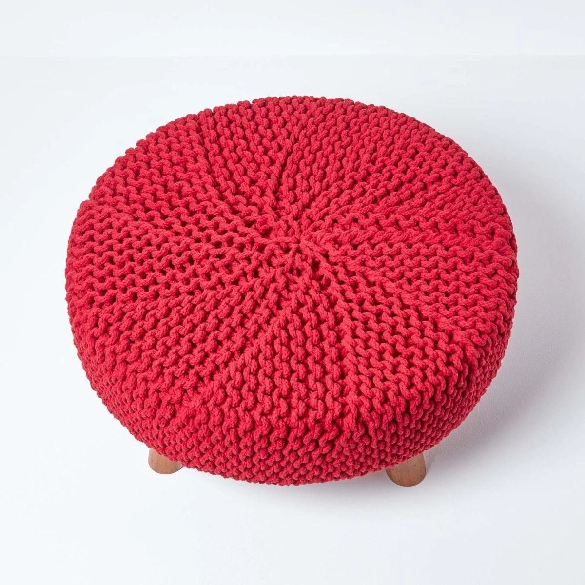 Red Round Cotton Knitted Footstool On Legs - Image 3
