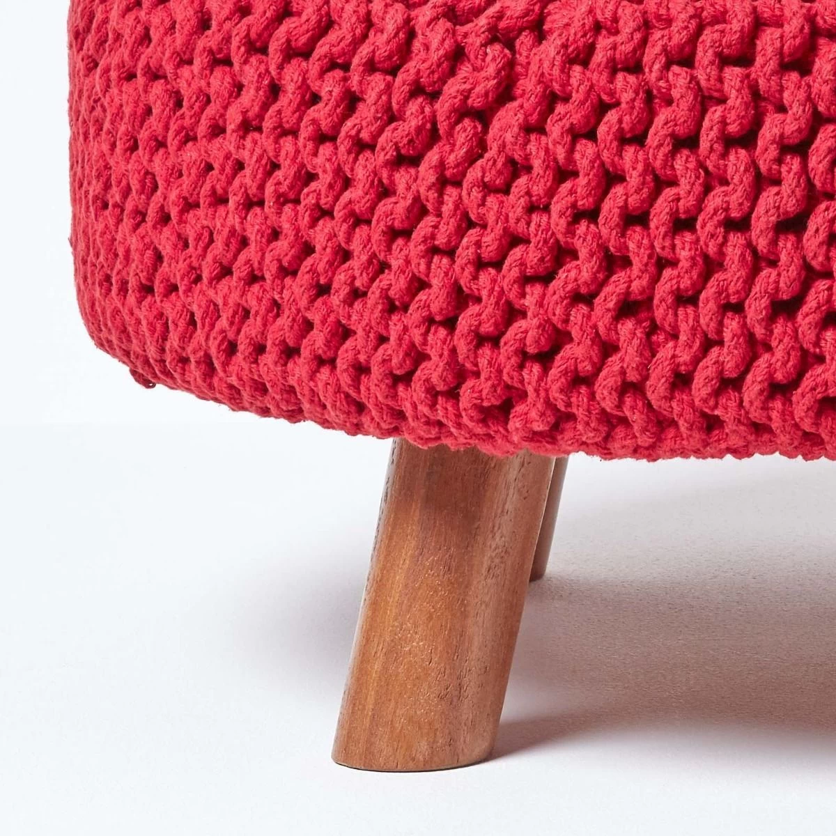Red Round Cotton Knitted Footstool On Legs - Image 4