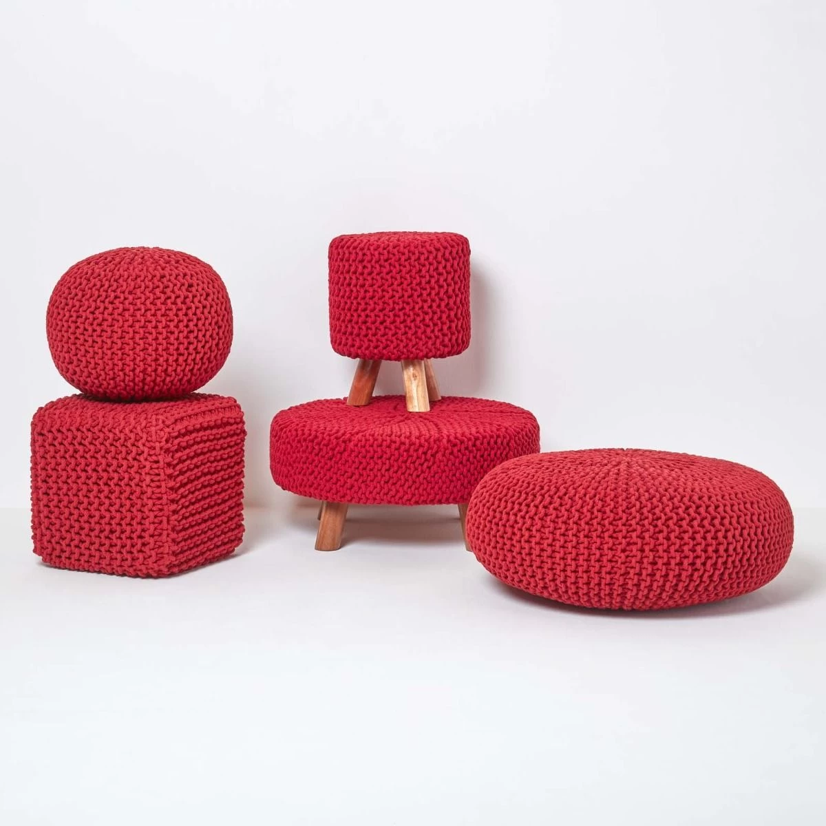 Red Round Cotton Knitted Footstool On Legs - Image 5