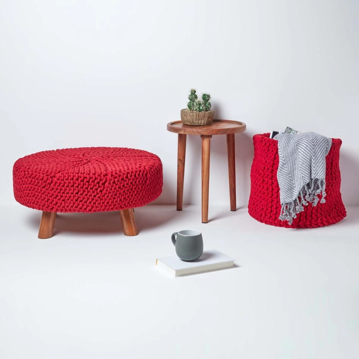 Red Round Cotton Knitted Footstool On Legs - Image 6
