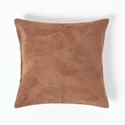 Tan Brown Real Leather Suede Cushion With Feather Filling