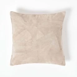Cream Real Leather Suede Cushion With Feather Filling