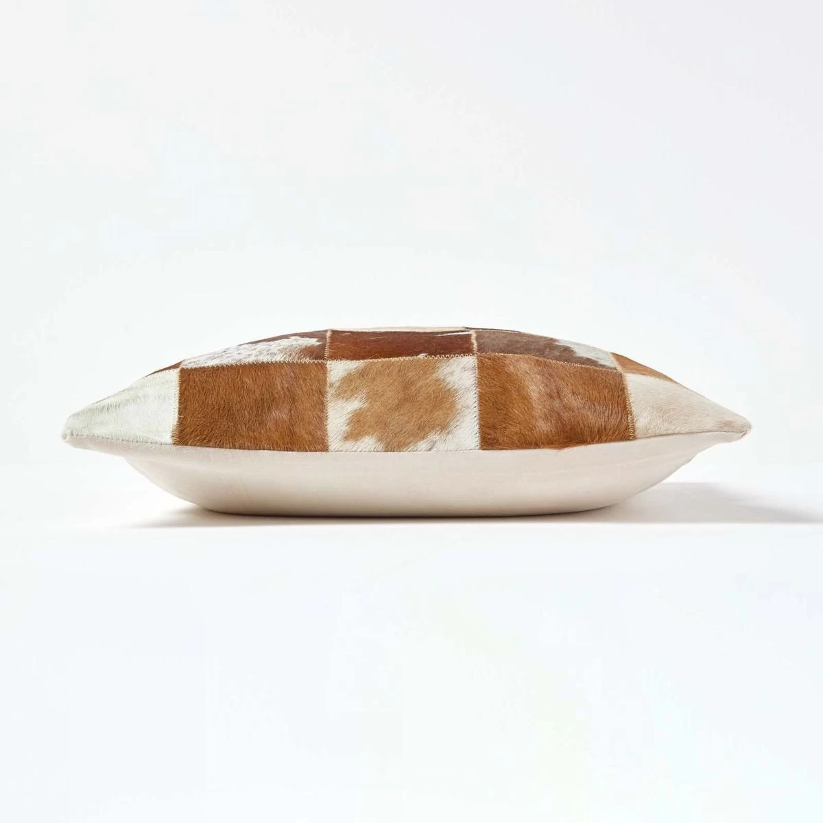 Beige And Cream Real Leather & Goat Hair Small Check Cushion With Feather Filling - Image 2