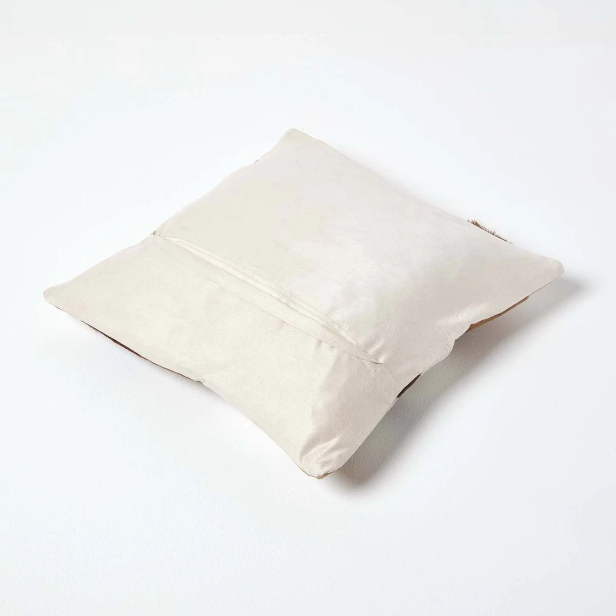 Beige And Cream Real Leather & Goat Hair Small Check Cushion With Feather Filling - Image 3