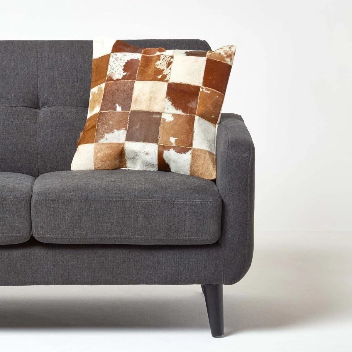 Beige And Cream Real Leather & Goat Hair Small Check Cushion With Feather Filling - Image 4