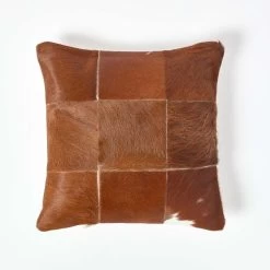 Beige Real Leather & Goat Hair Large Check Cushion With Feather Filling