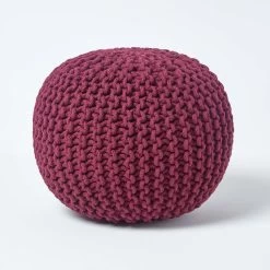 Plum Round Cotton Knitted Pouffe Footstool