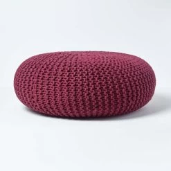 Plum Large Round Cotton Knitted Pouffe Footstool