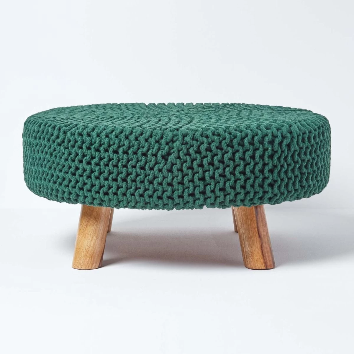Forest Green Large Round Cotton Knitted Footstool On Legs