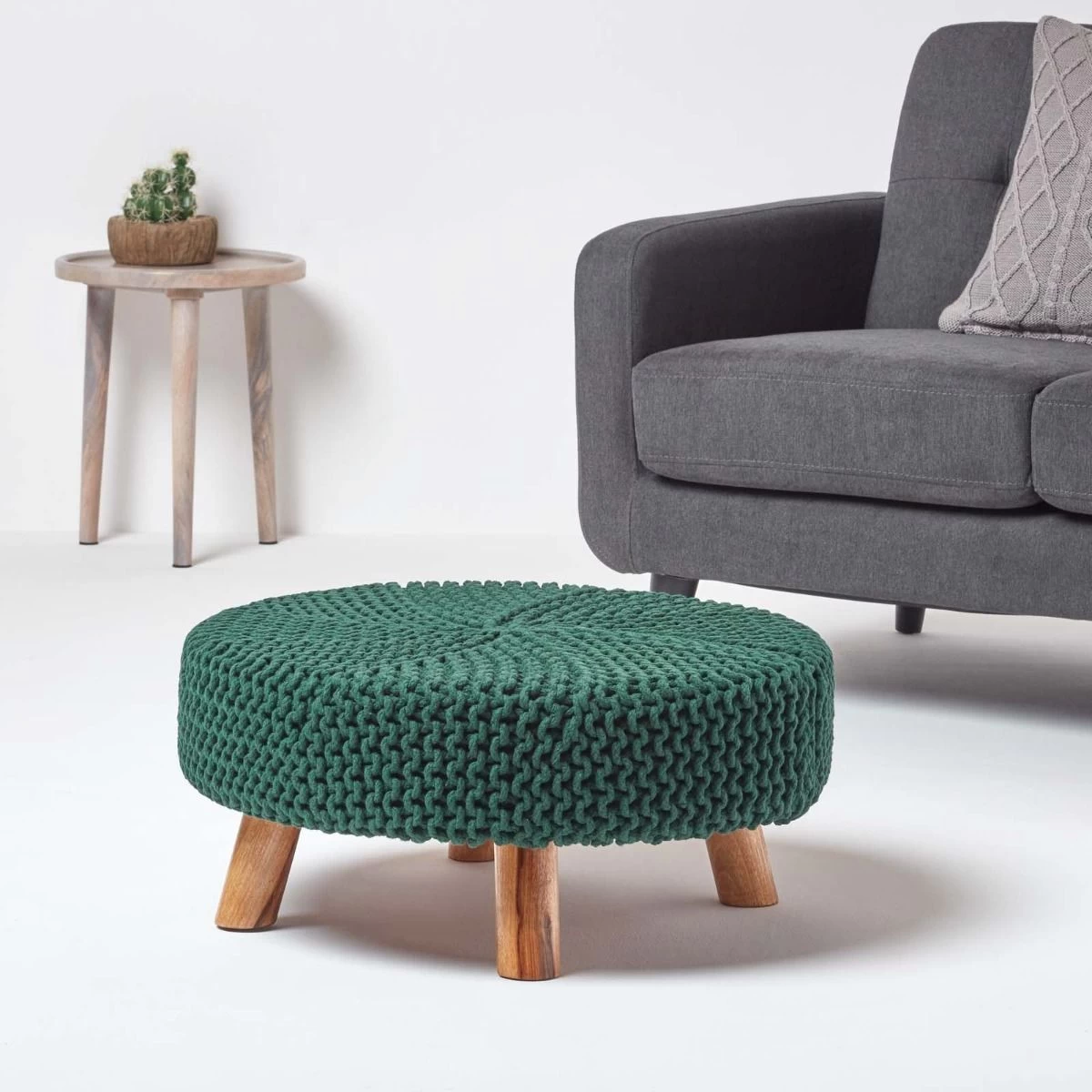 Forest Green Large Round Cotton Knitted Footstool On Legs - Image 2
