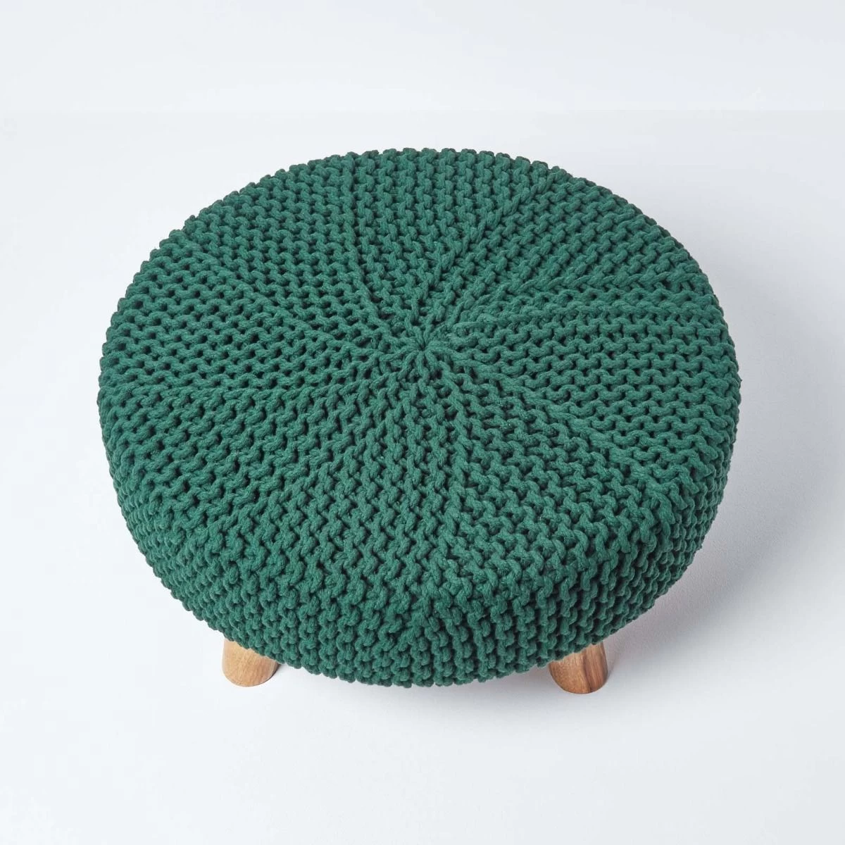 Forest Green Large Round Cotton Knitted Footstool On Legs - Image 3
