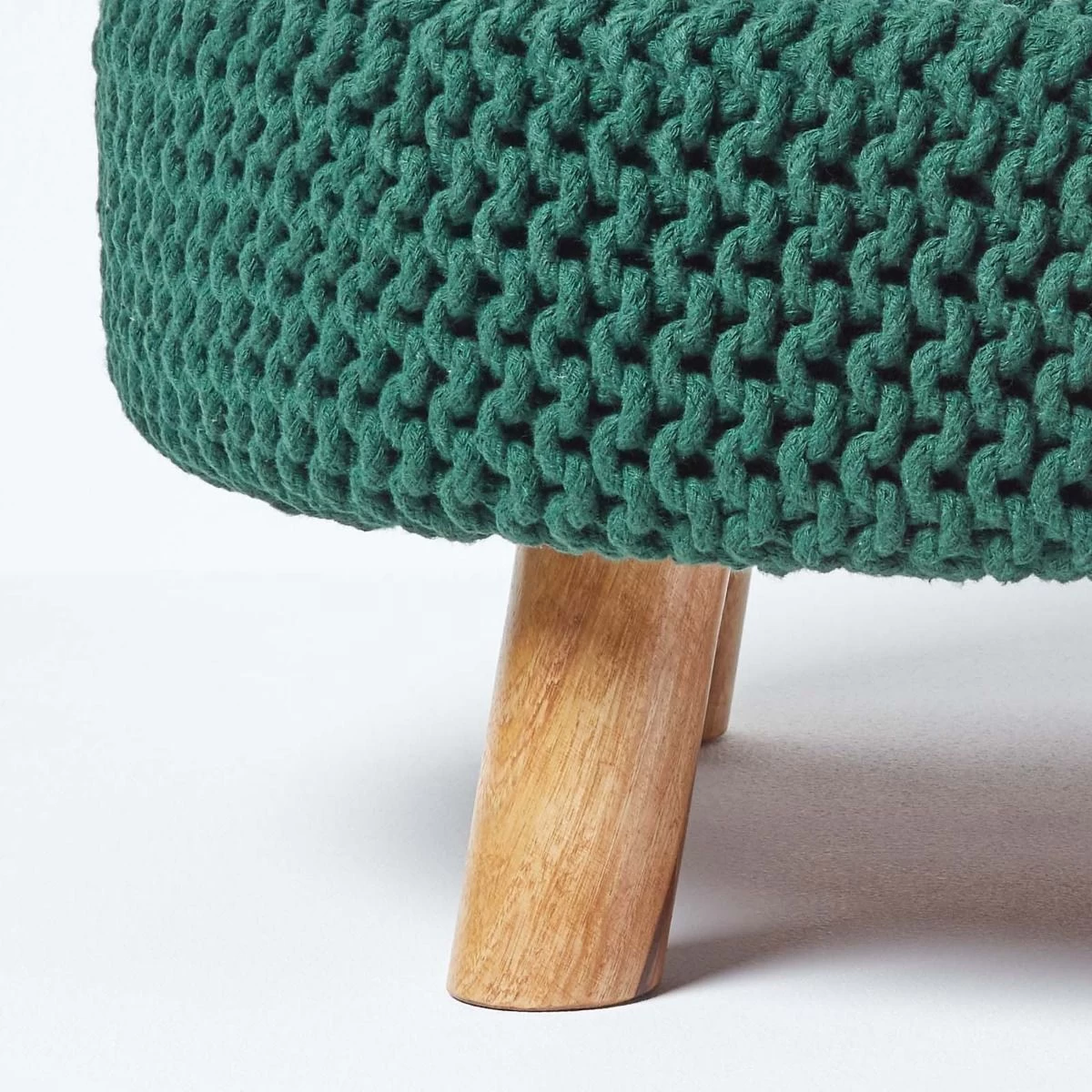 Forest Green Large Round Cotton Knitted Footstool On Legs - Image 4