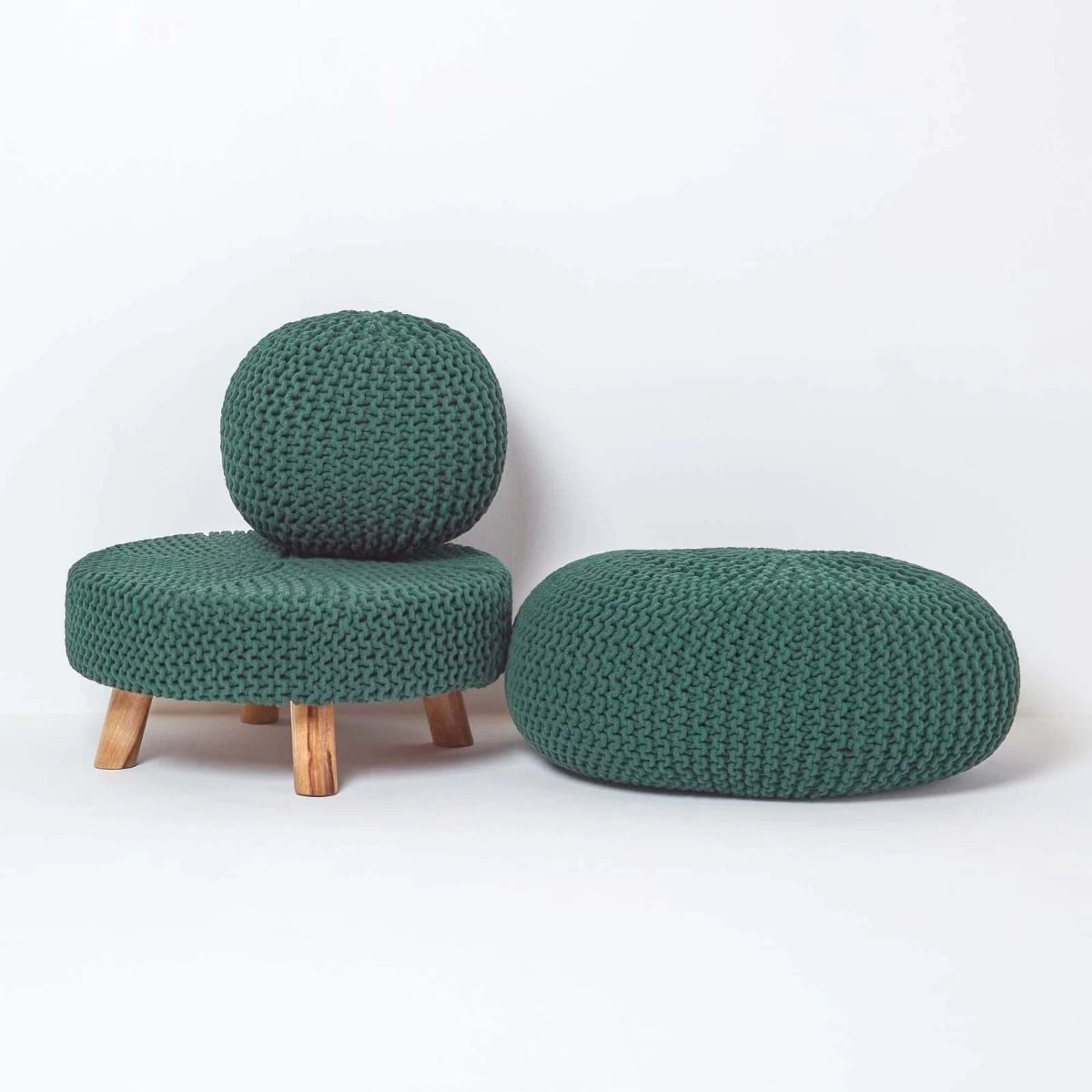 Forest Green Large Round Cotton Knitted Footstool On Legs - Image 5