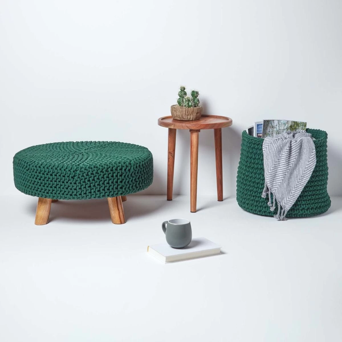 Forest Green Large Round Cotton Knitted Footstool On Legs - Image 6