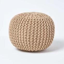 Linen Round Cotton Knitted Pouffe Footstool