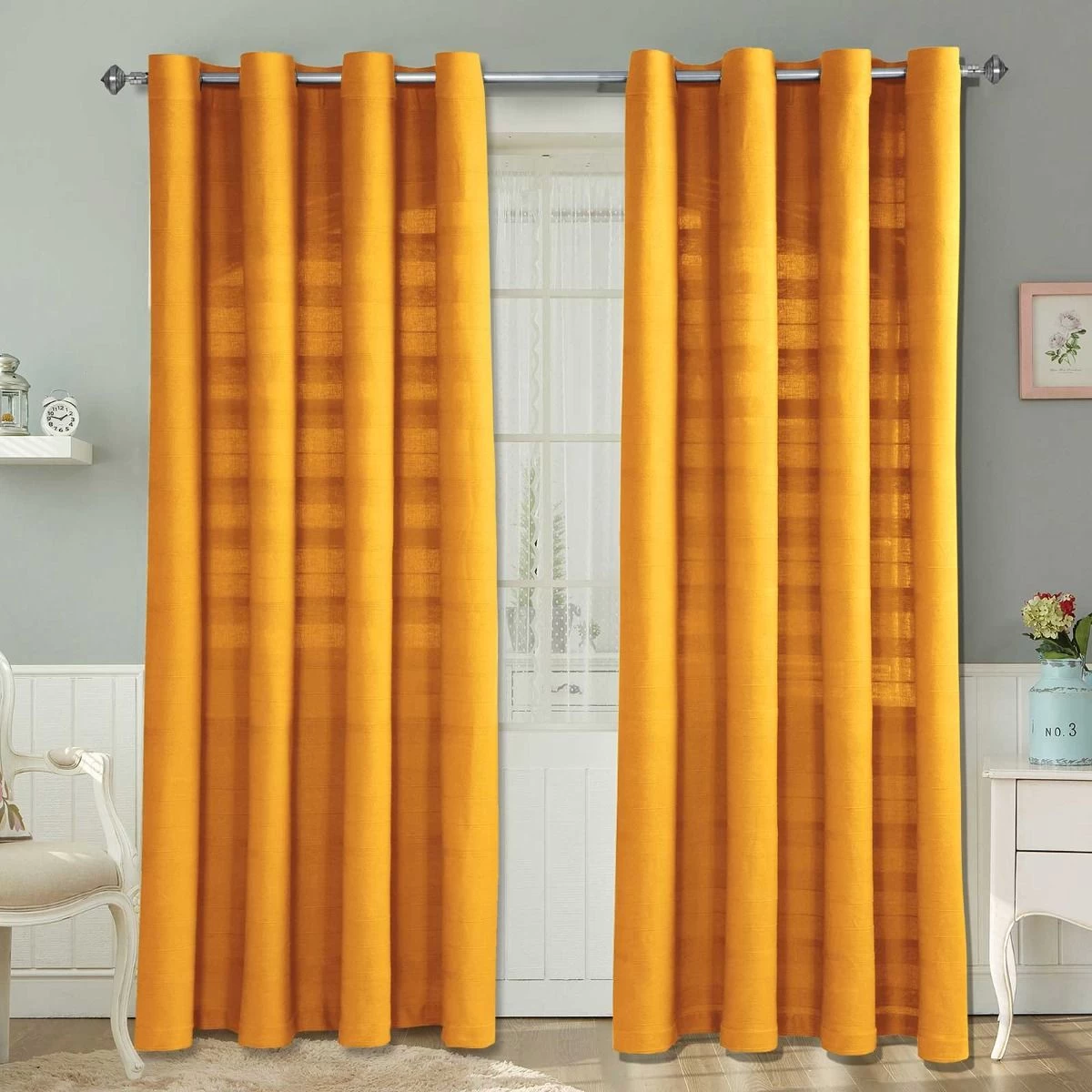 Cotton Rajput Ribbed Mustard Yellow Curtain Pair