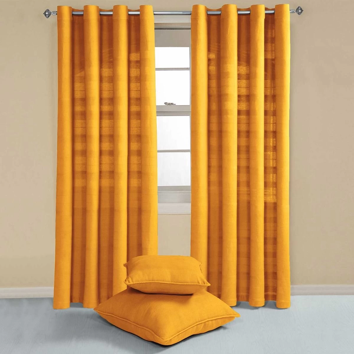 Cotton Rajput Ribbed Mustard Yellow Curtain Pair - Image 2