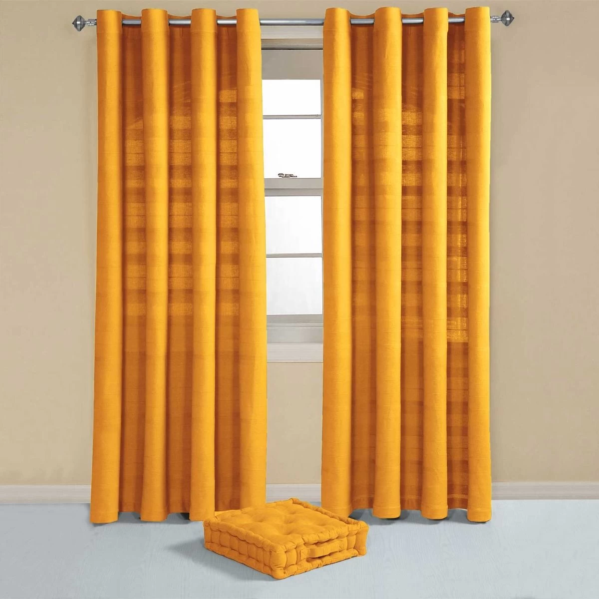 Cotton Rajput Ribbed Mustard Yellow Curtain Pair - Image 3